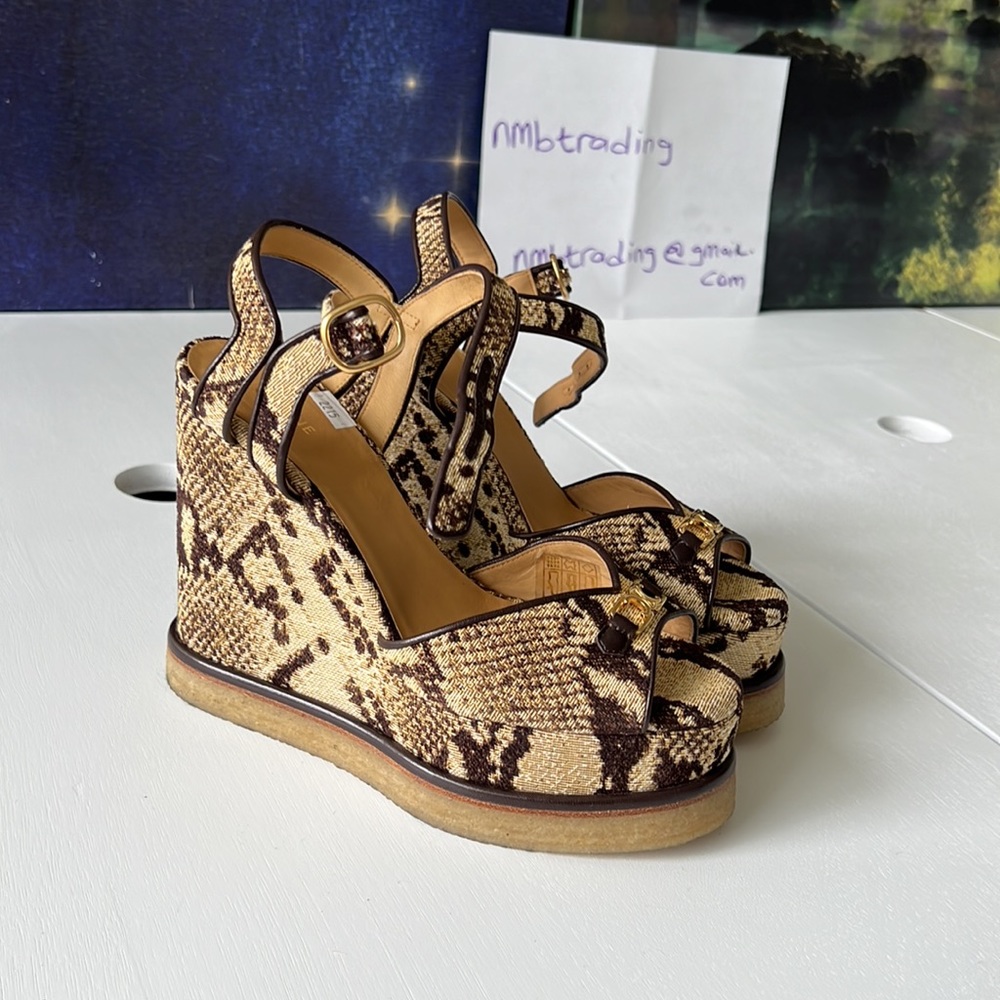 Celine made in Italy all over leopard print open toe size 7M(37) strappy wedges - Picture 4 of 17